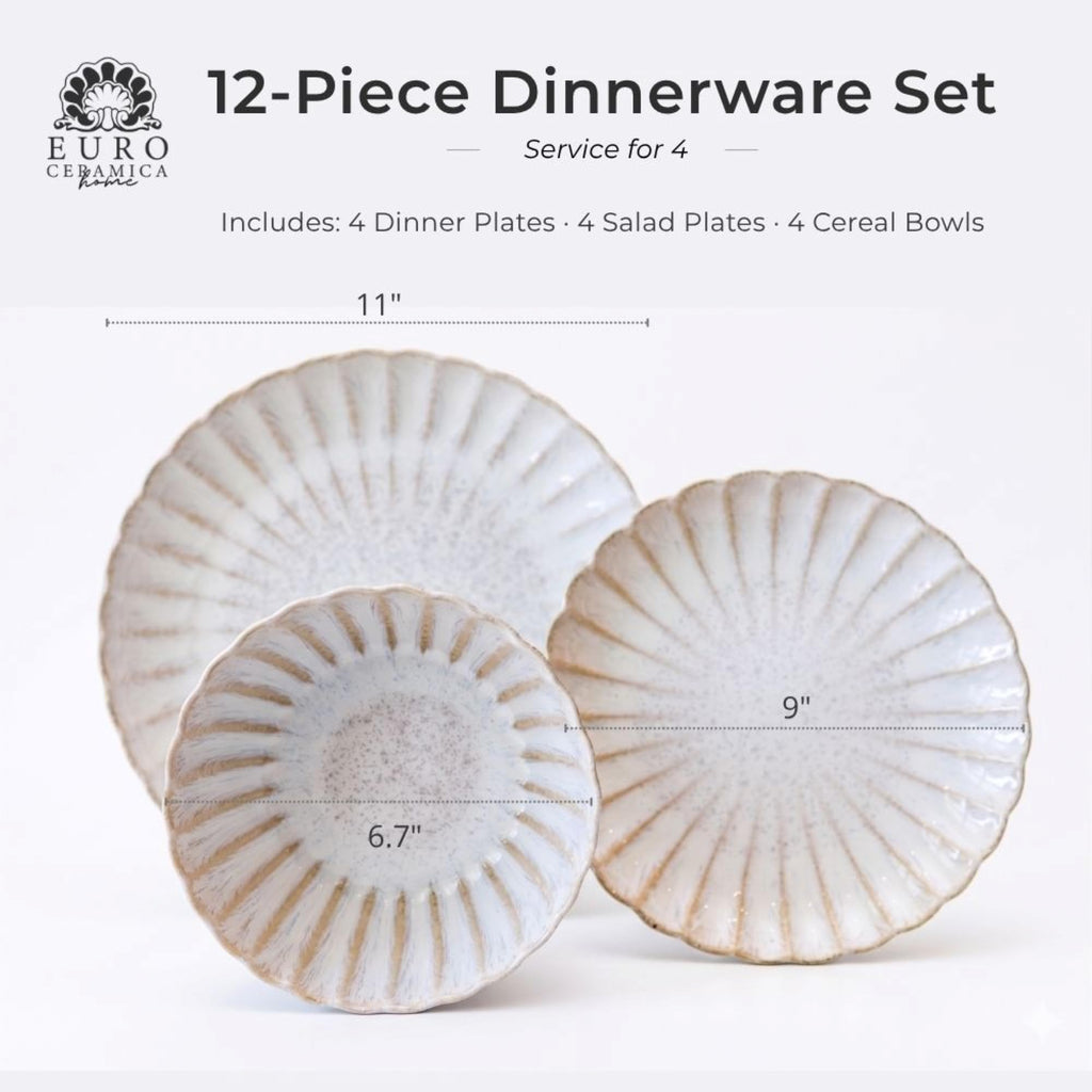 Ceramica Kea 12 Piece Stoneware Dinnerware Set for 4, Reactive Glaze Plates and Bowls Set, Modern Neutral Tone