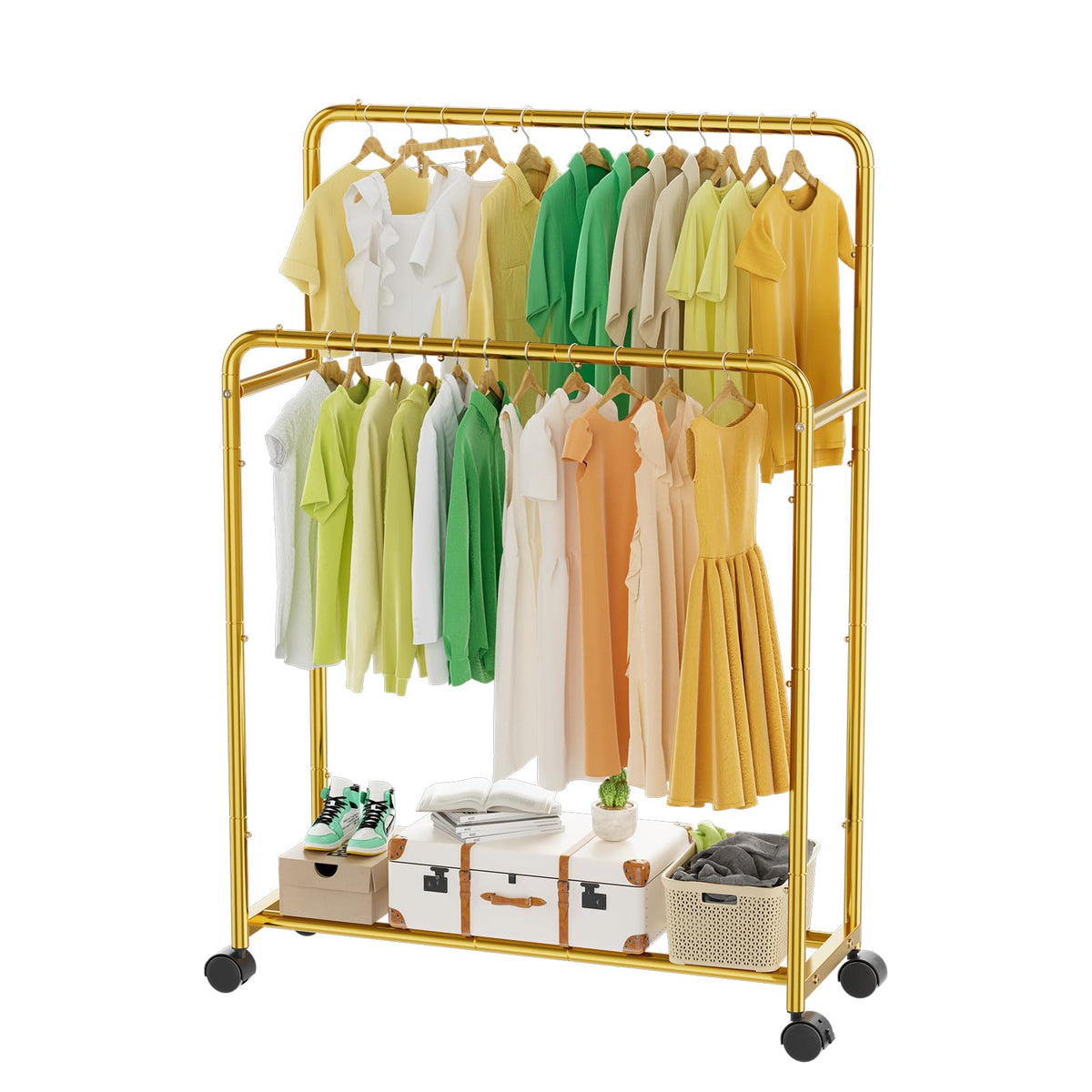 Trending Clothing Clothes Rack Double Rods with Wheels, Rolling Metal Garment Rack for Hanging, Gold