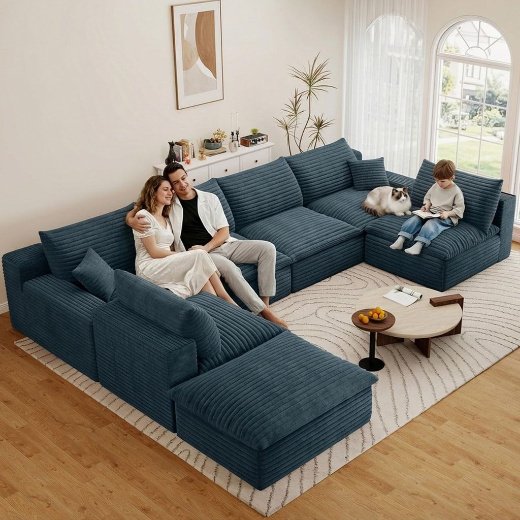 136" Cloud Couch Modular Sectional Sofa, U-Shape Boneless Couch with Deep Seat, Modern Corduroy 6-Seater with