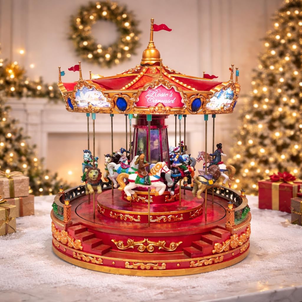 Animated Rosie's Carousel (Moving Carousel) 15.2"H LED Lights 8 Classic Carols Christmas Music, Adapter Included