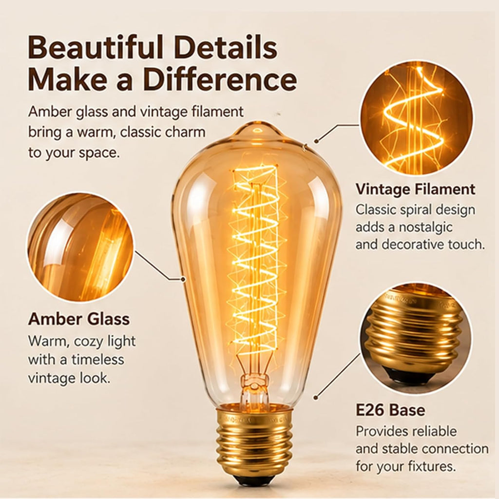 ST64 Vintage Filament Light Bulbs 40W 2700K, Pack of 6