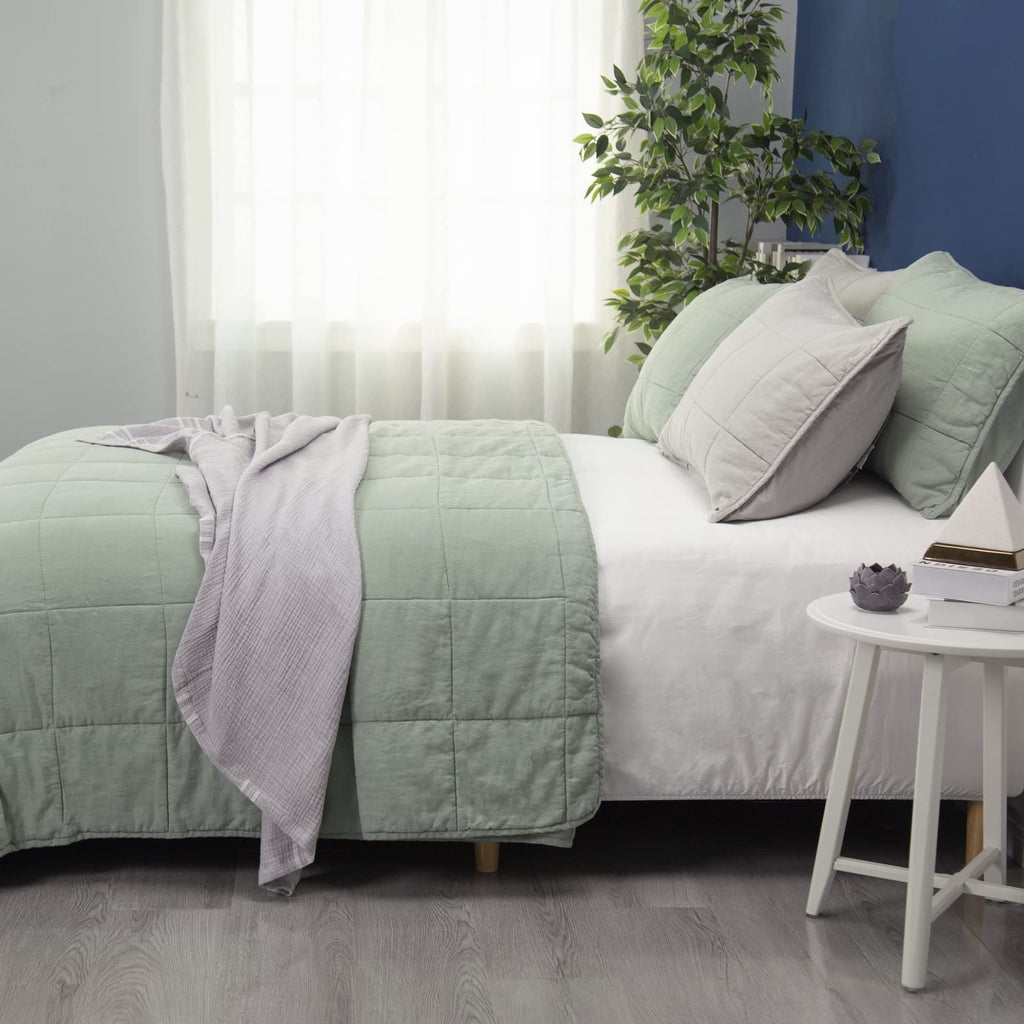 Stonewashed Linen Blend Box Stitch Quilt and Matching Pillow Shams 3pcs Set, Sage Color