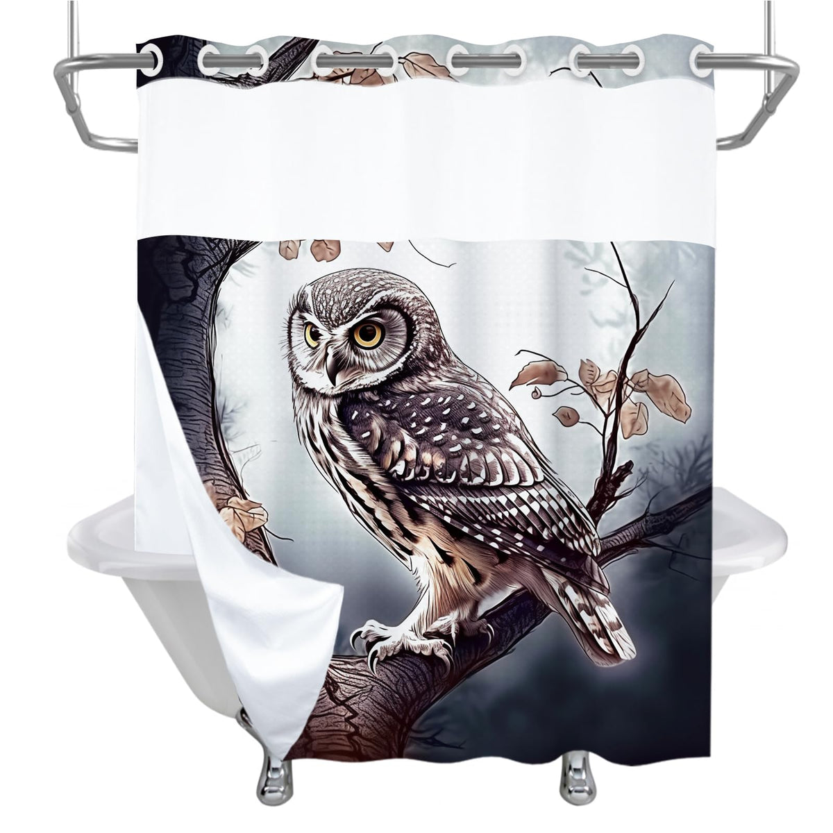 Cute Little Owl Eagle Forest Night Rustic Theme No Hook Waffle Weave Shower Curtain with Snap in Liner Polyester