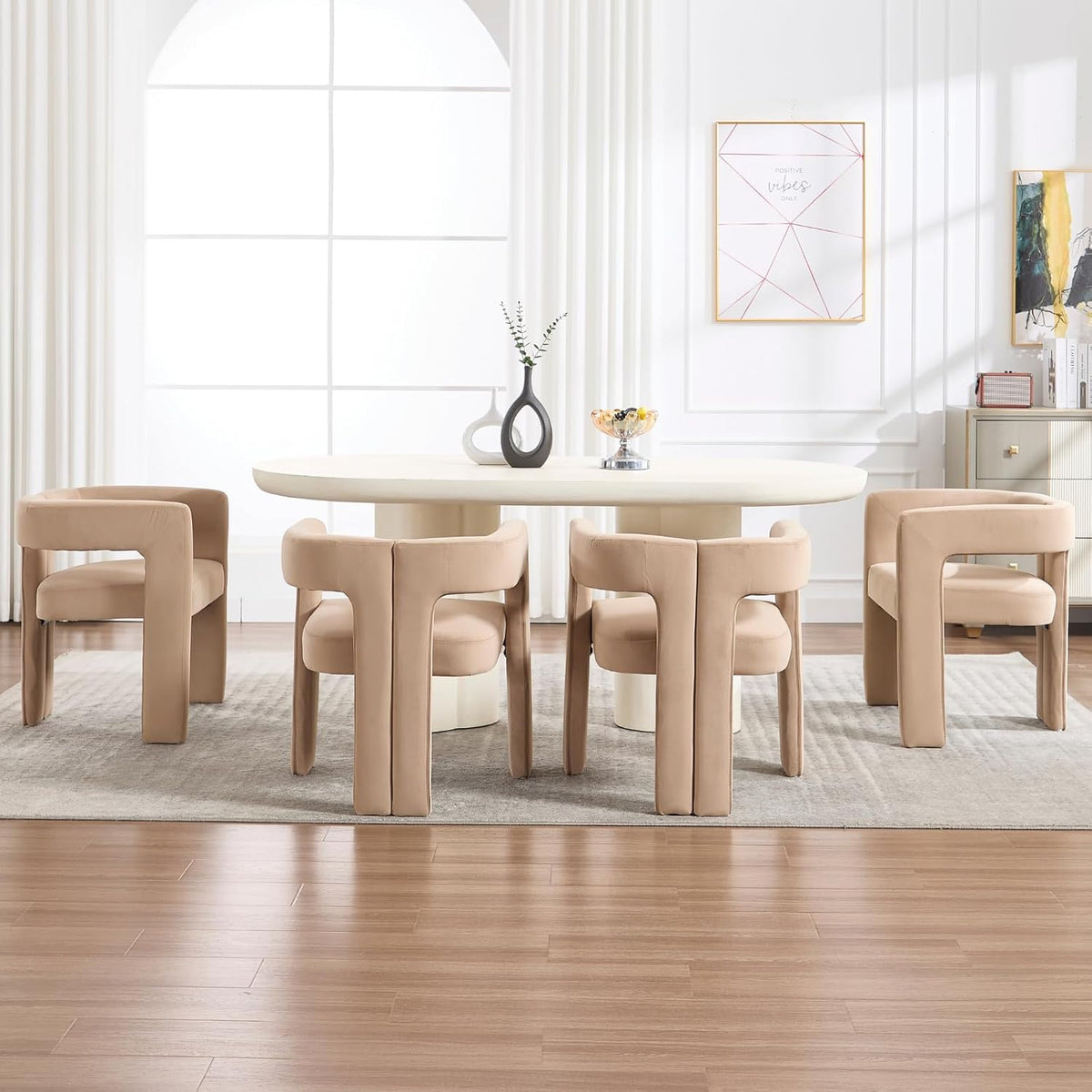 Modern Dining Chairs Set of 6, Upholstered Side Chairs Velvet Fabric Guest Chairs with Barrel Backrest Armchair for Dining Room Living Room, Khaki