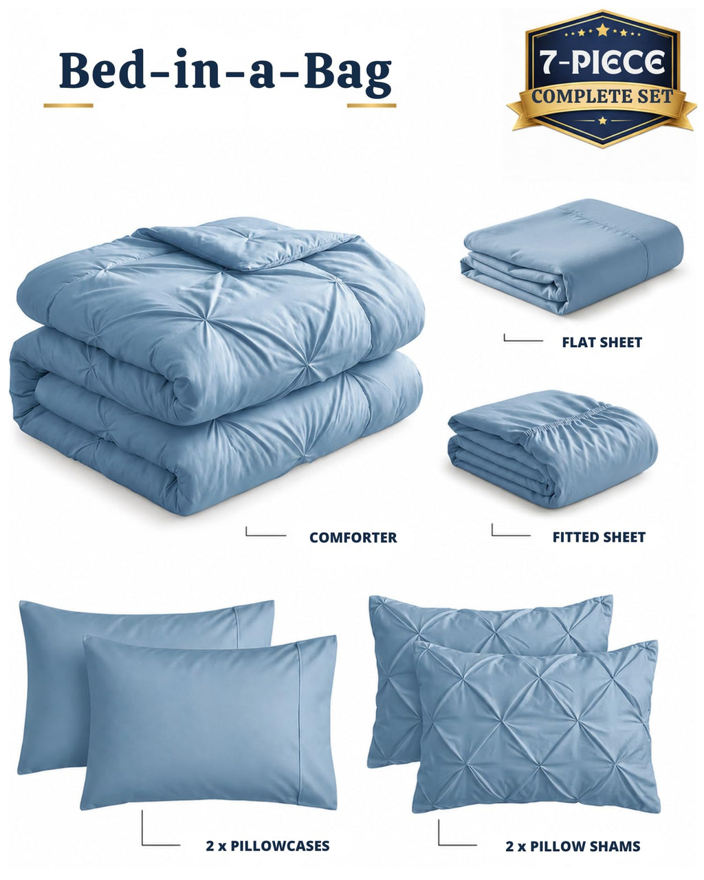 California King Comforter Set, 7 Pc Bed in a Bag - French Blue