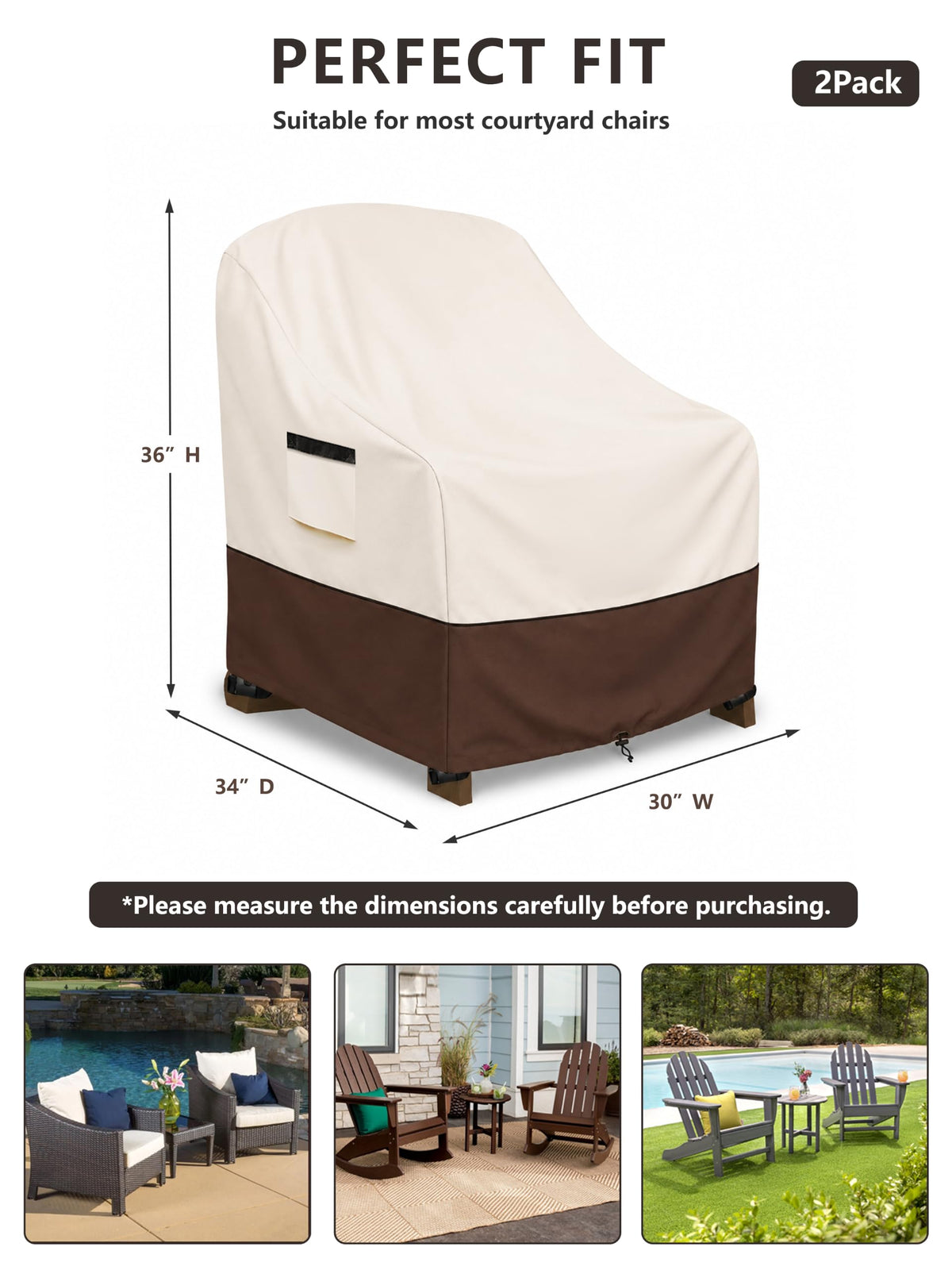 Adirondack Chair covers 2 Pack 30 W x 34 D x 36 H inches, Waterproof Heavy Duty for Outdoor Chair, Beige & Brown