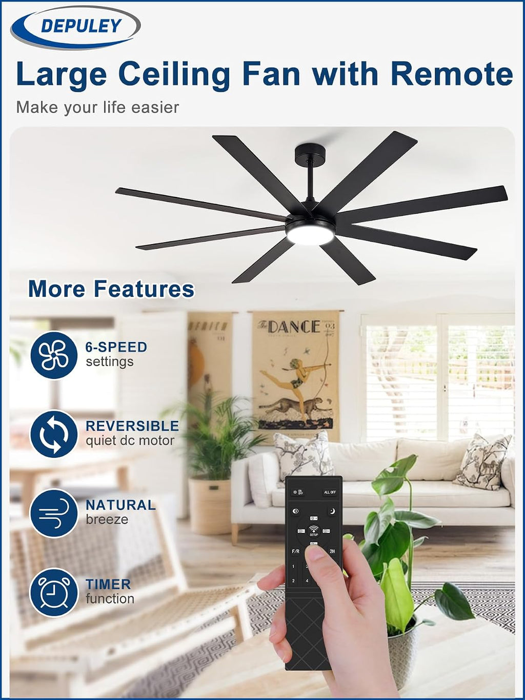 72" Black Indoor/Outdoor Ceiling Fan with Light