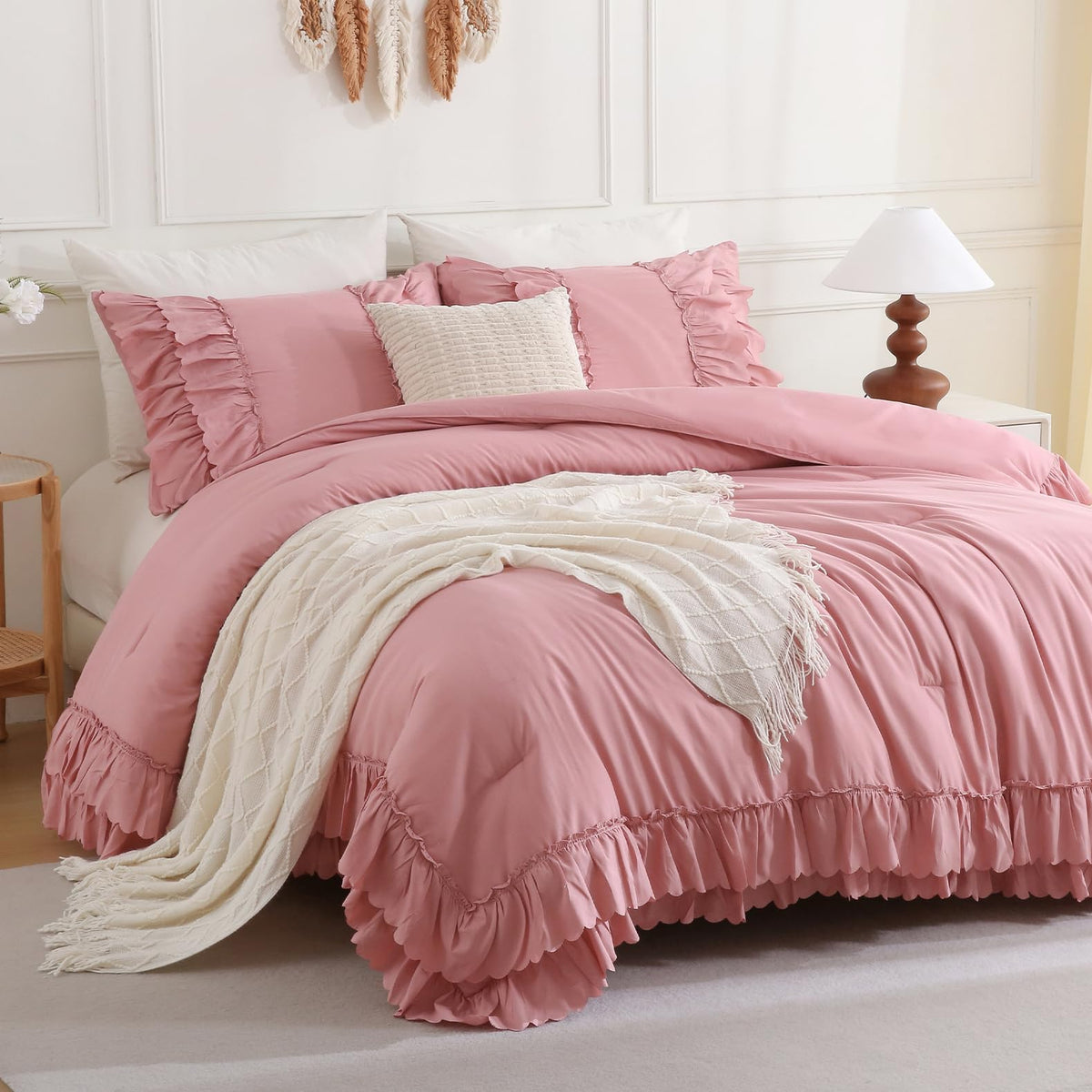 Bean Pink Ruffled Comforter Set Queen Size, 3-Piece Soft Microfiber Shabby Chic Bedding Set with Double Layer Ruffle