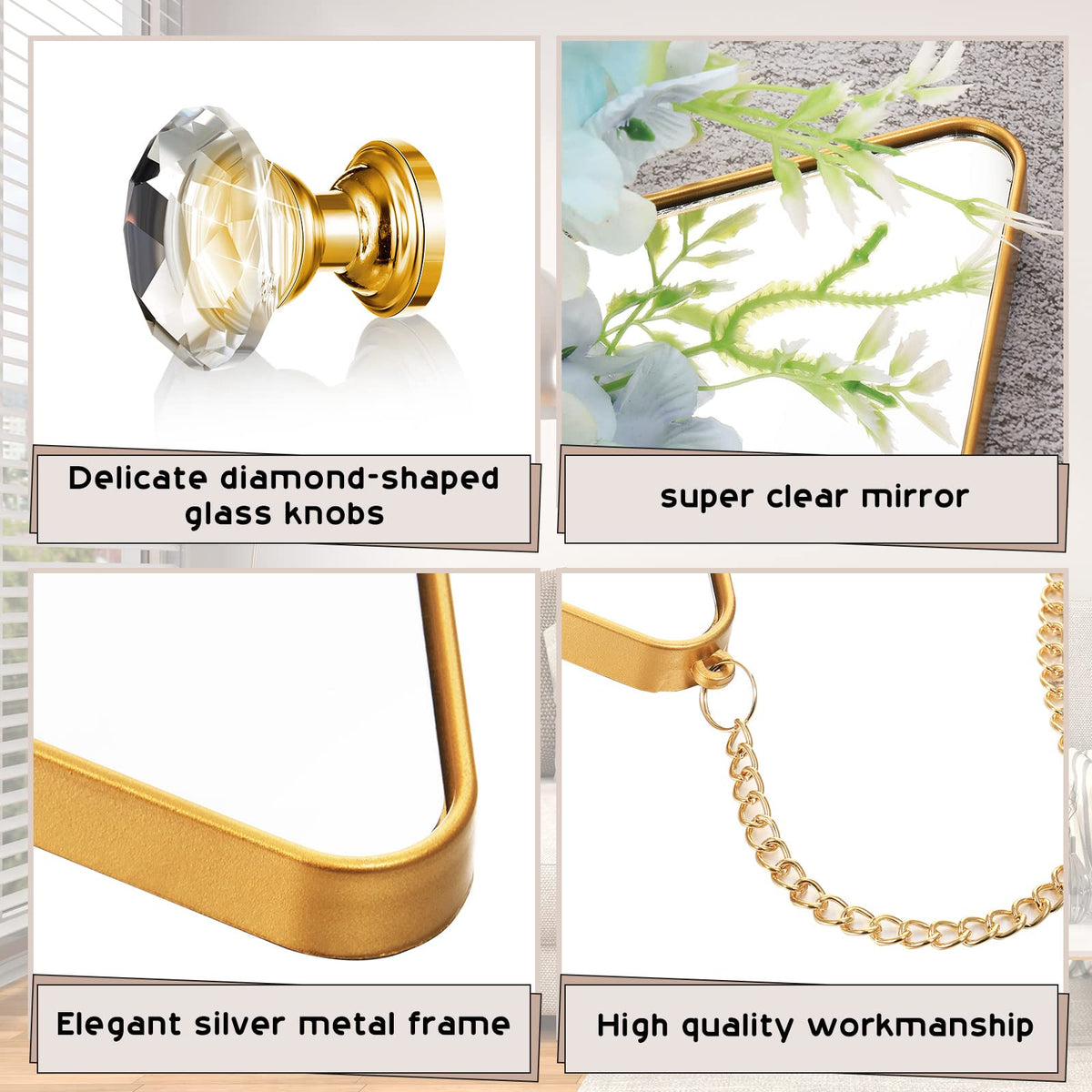 Diamond Wall Mirror Set with Hanging Diamond Handle Chain, Gold
