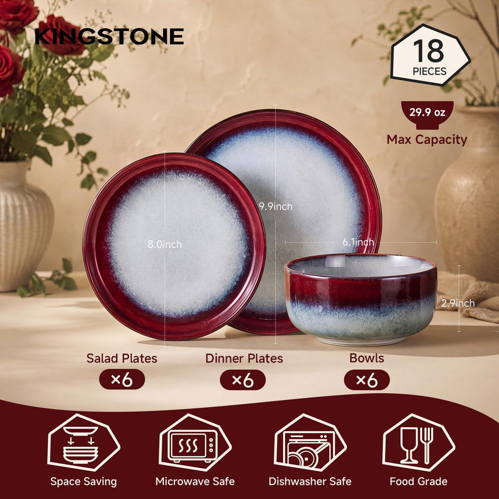 Dinnerware Set for 6, Red Reactive Glaze Plates and Bowls Sets
