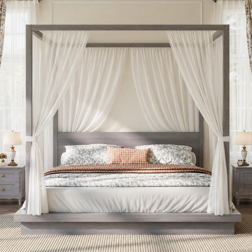Wooden Canopy Bed Frame Gray Vintage Rustic