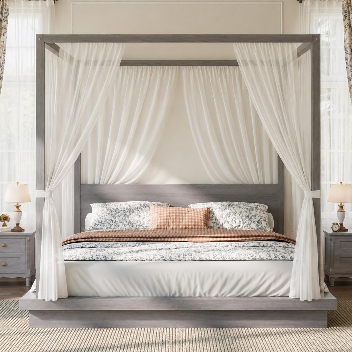Wooden Canopy Bed Frame Gray Vintage Rustic