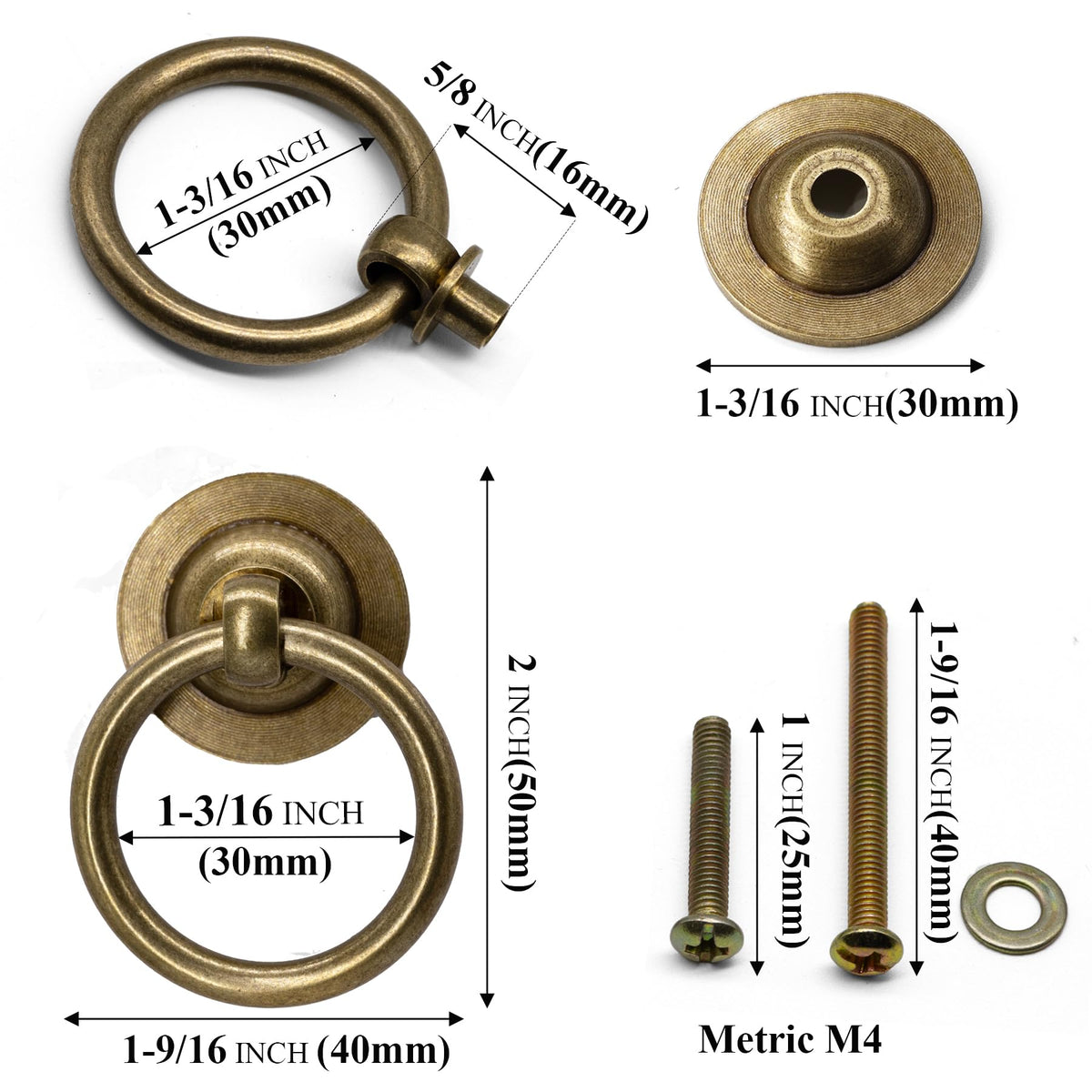 6 Pack Solid Antique Brass Cabinet Ring Pulls
