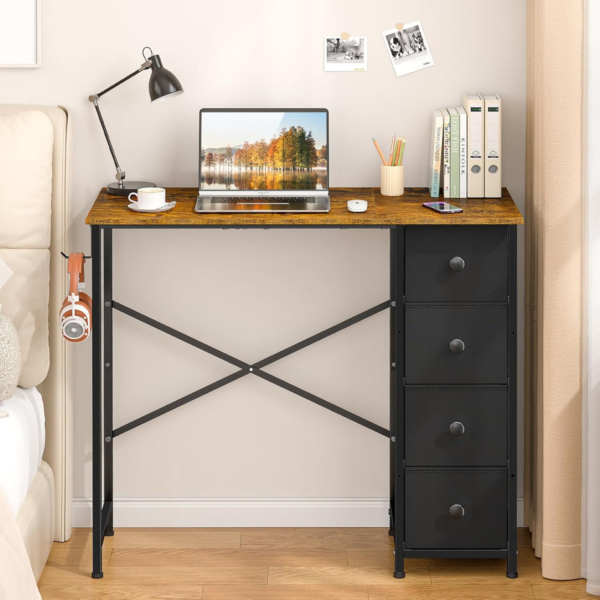 Small Computer Desk with 4 Fabric Drawers, 36 Inch Reversible Writing Desk Bedroom