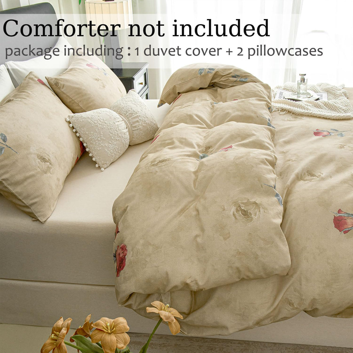 Floral Duvet Cover Set 100% Brushed Cotton Flannel-Like Cottage Farmhouse Bedding Brown Comforter Cover