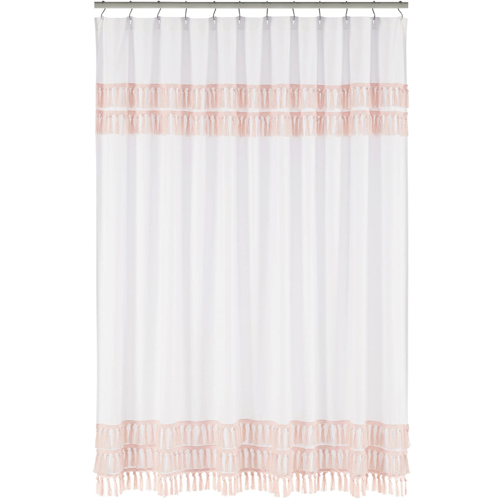 Boho Bohemian Bathroom Fabric Bath Shower Curtain - Blush Pink and White Farmhouse Shabby Chic Designer Modern