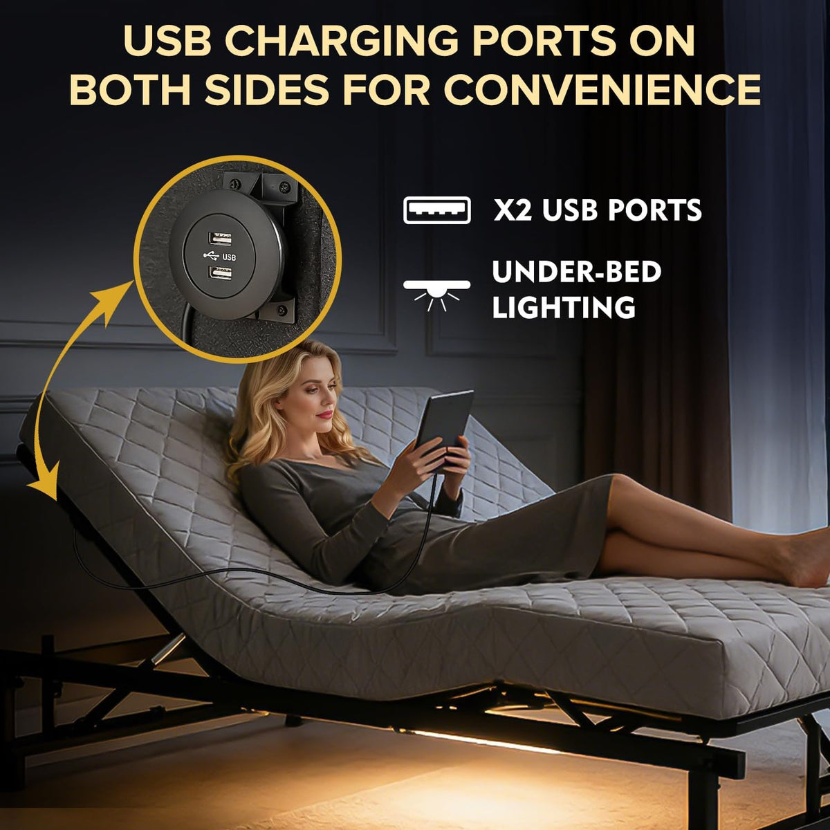 King Adjustable Bed Base with Wireless Remote, USB Ports, Underbed Light