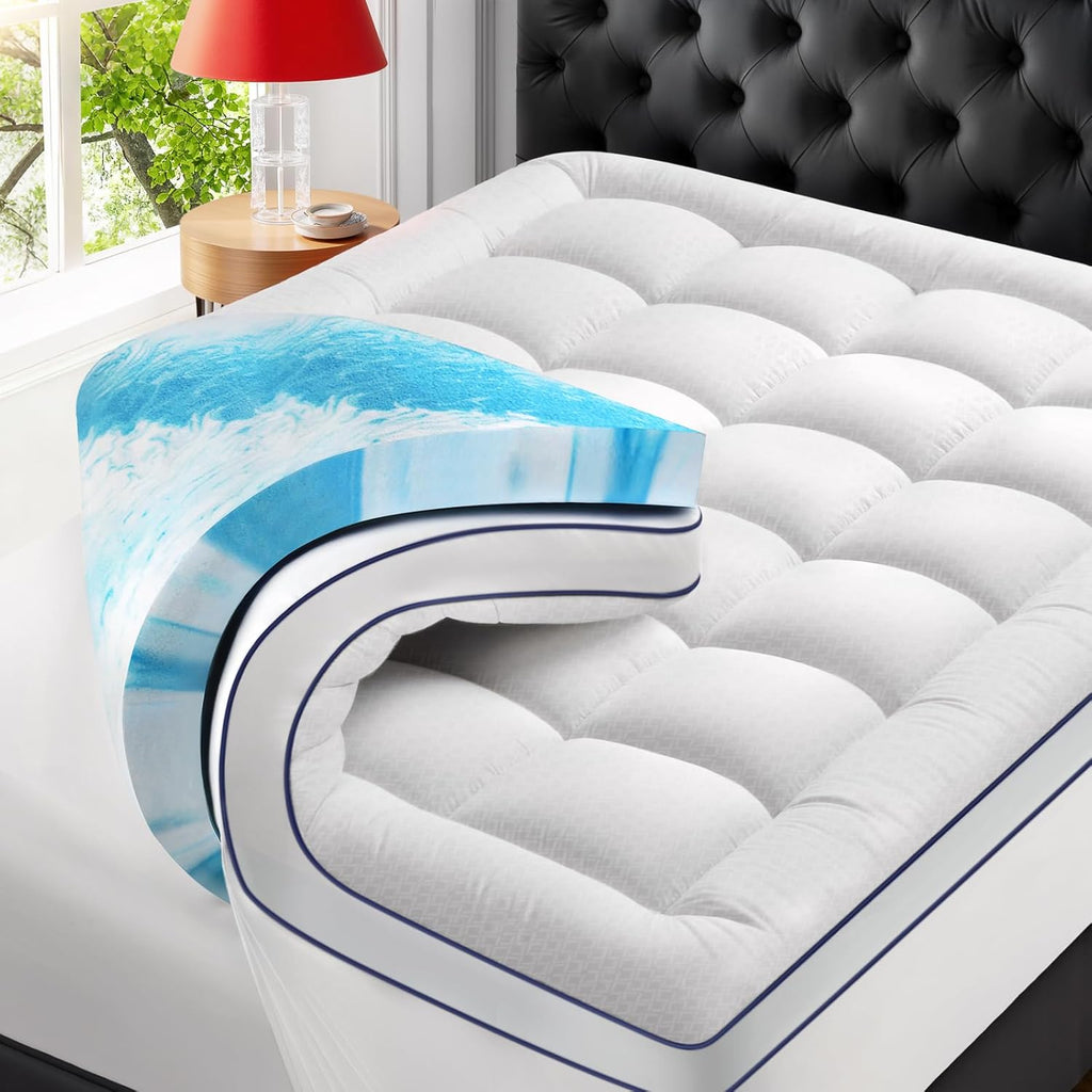 Premium Dual Layer 4 Inch Memory Foam Mattress Topper, 2 Inch Gel Memory Foam and 2 Inch Pillow Top Mattress Pad