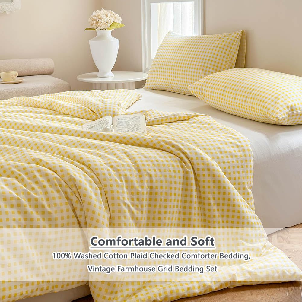 100% Cotton Yellow Gingham Plaid Comforter Set