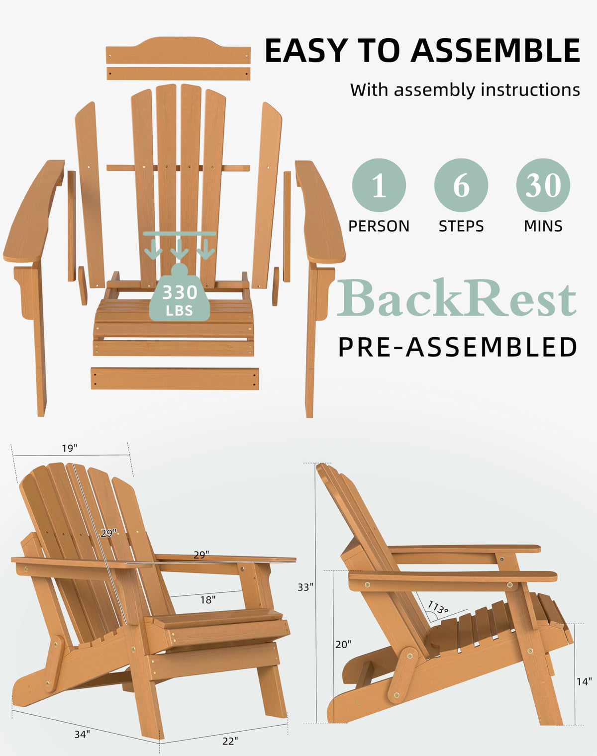 Oversized Wooden Folding Adirondack Chair with Pre-Assembled Backrest and Seat Board, Lounge Chair for Outdoor Patio