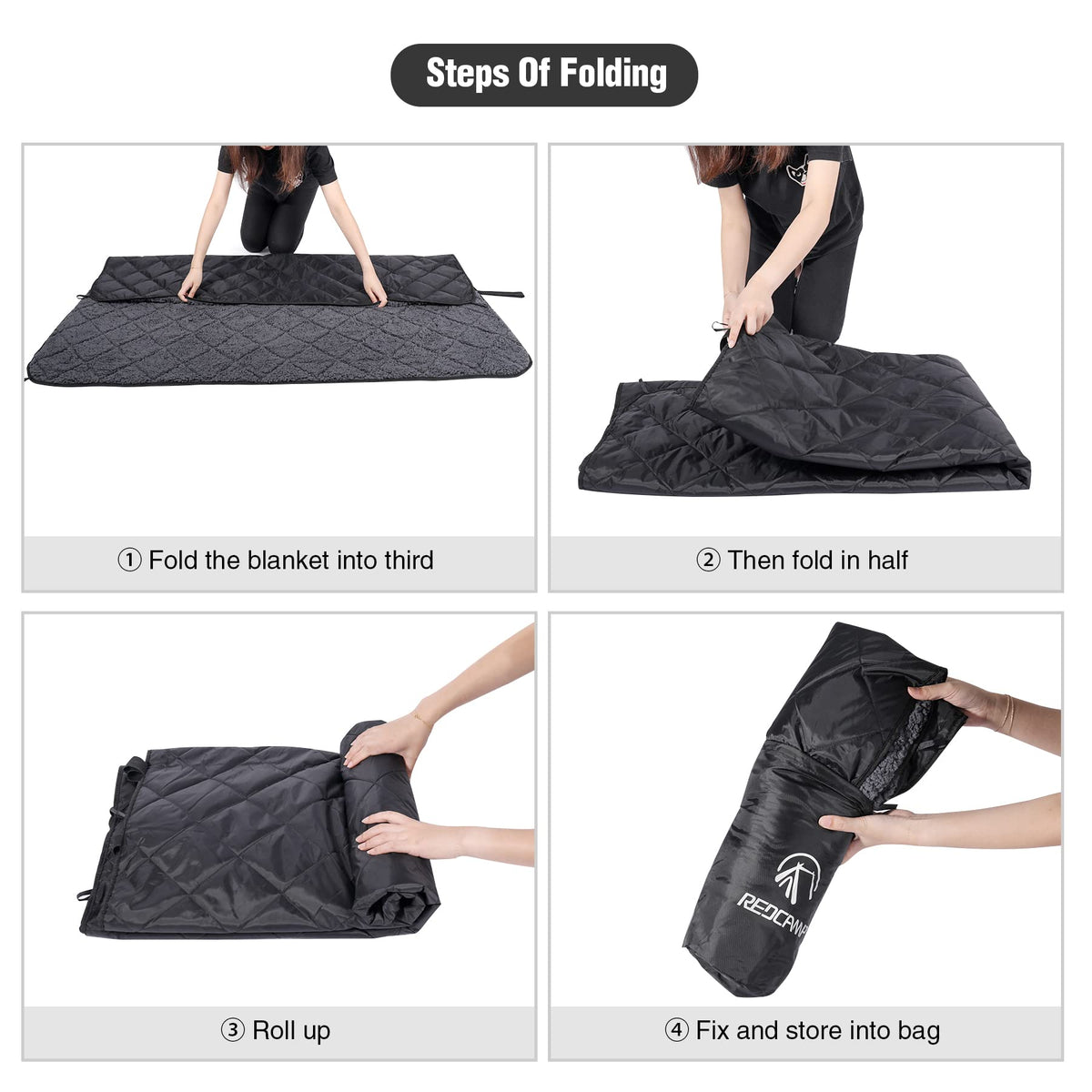 Large Camping Blanket with Sherpa Lining, Black 59"x50"