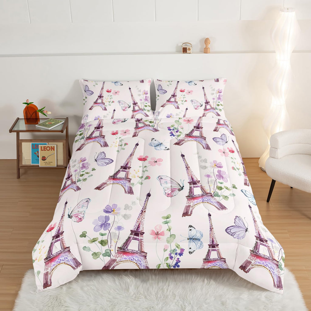 French Bedding Eiffel Tower Comforter with 2 Pillowcases, Romantic Paris Themed Bedroom Decor Princess Comforter Set