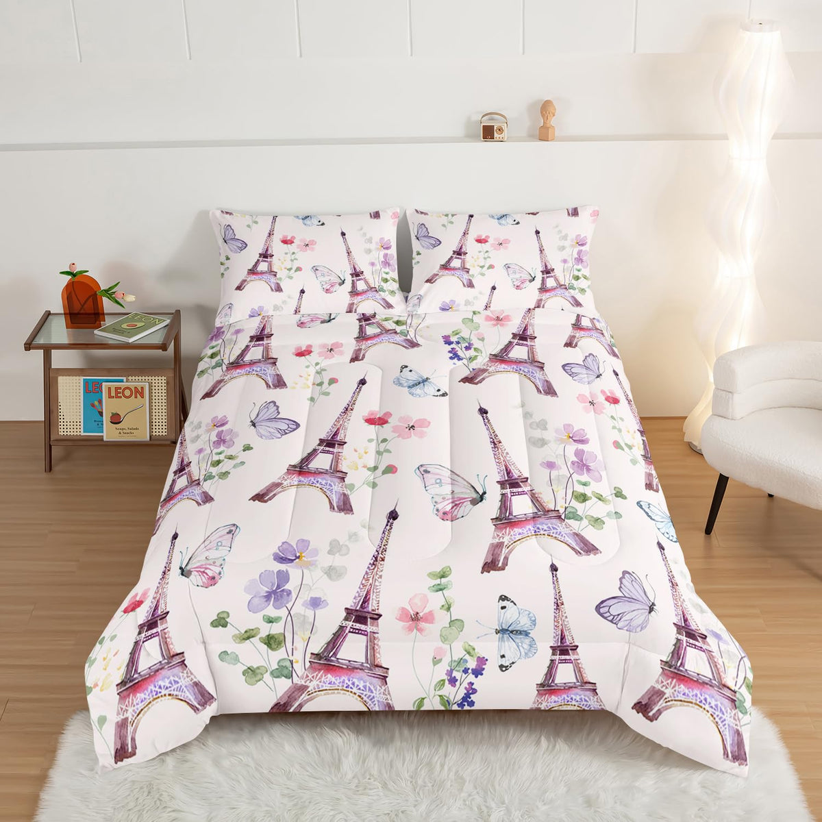 French Bedding Eiffel Tower Comforter with 2 Pillowcases, Romantic Paris Themed Bedroom Decor Princess Comforter Set
