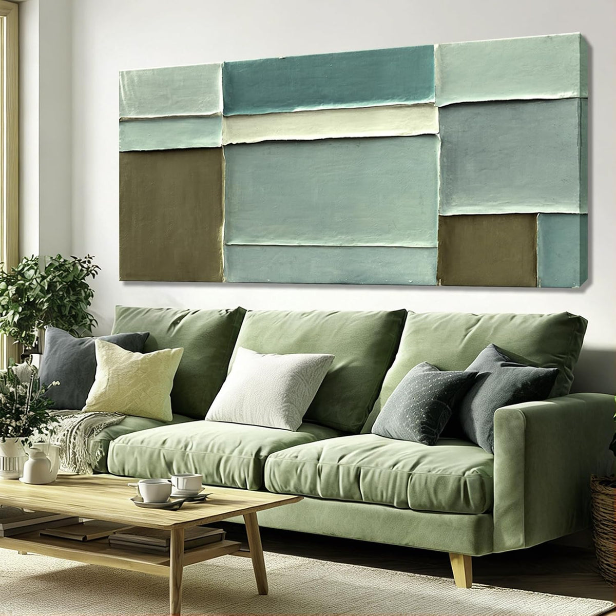 Modern Abstract Green Canvas Wall Art Soft Neutral Color Hand Painting Block Design Minimalist Artwork Bedroom Office