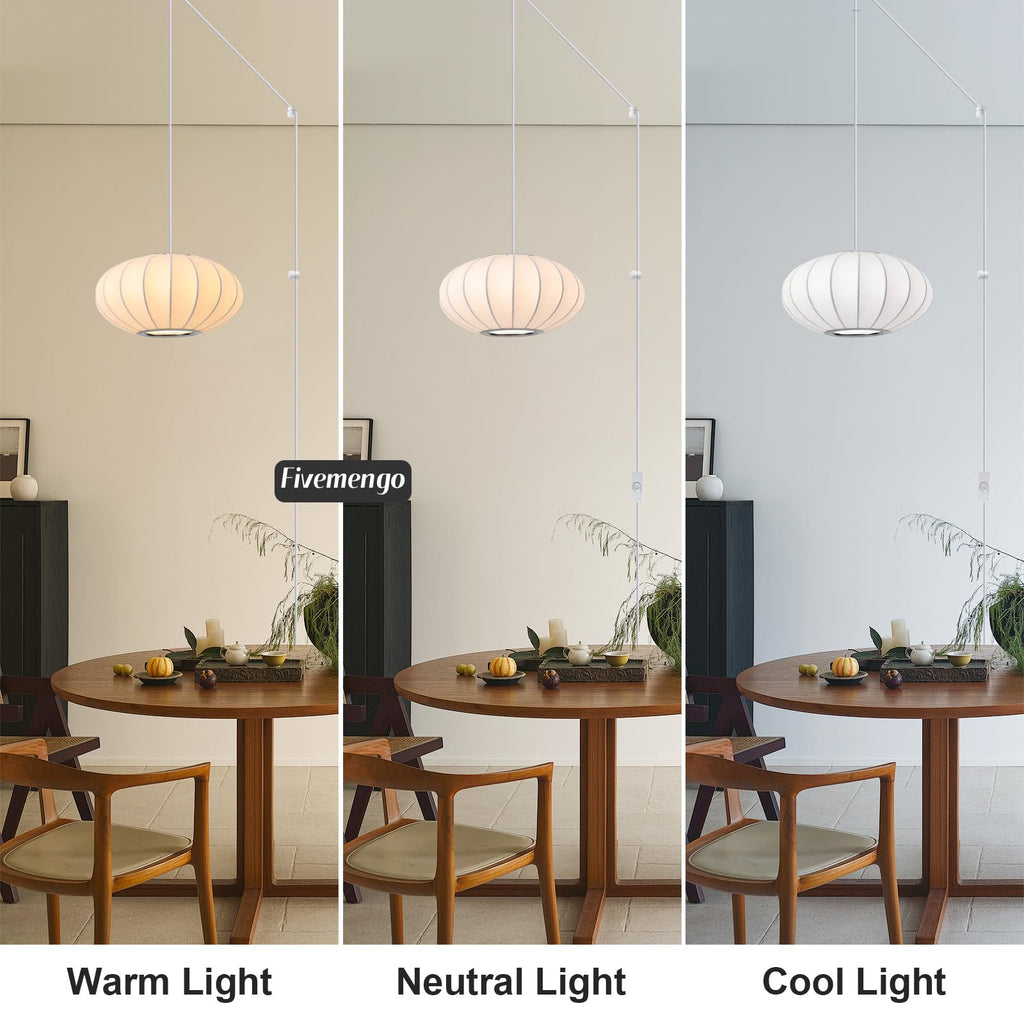 Inspired Nelson Style 11.8in Plug in Lantern Pendant Light, Small White Imitation Silk Pendant Light Wabi Sabi Saucer Japanese Bubble