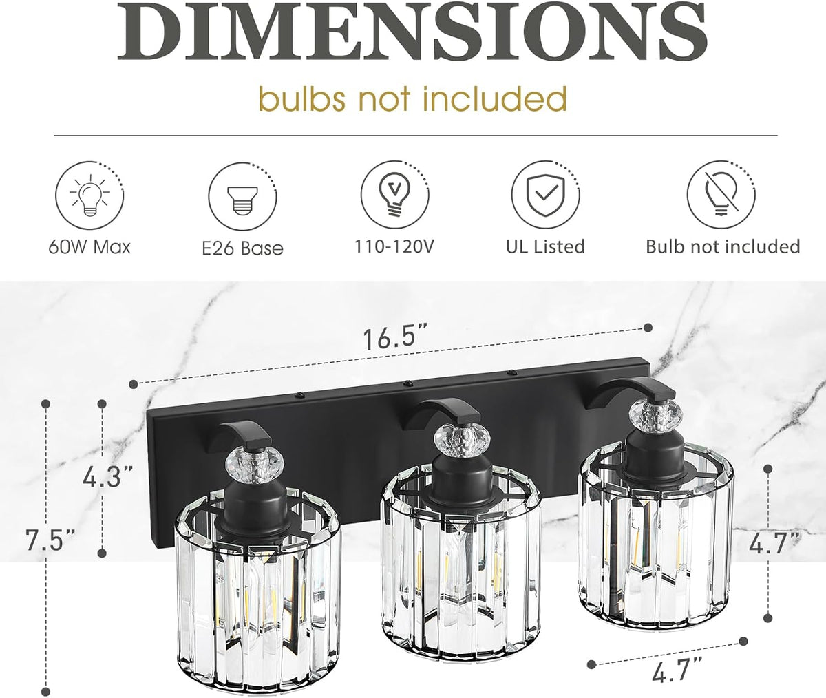 3-Light Black Bathroom Light Fixture Modern Vanity Lights Over Mirror Vintage Wall Sconce Lighting E26 Base with
