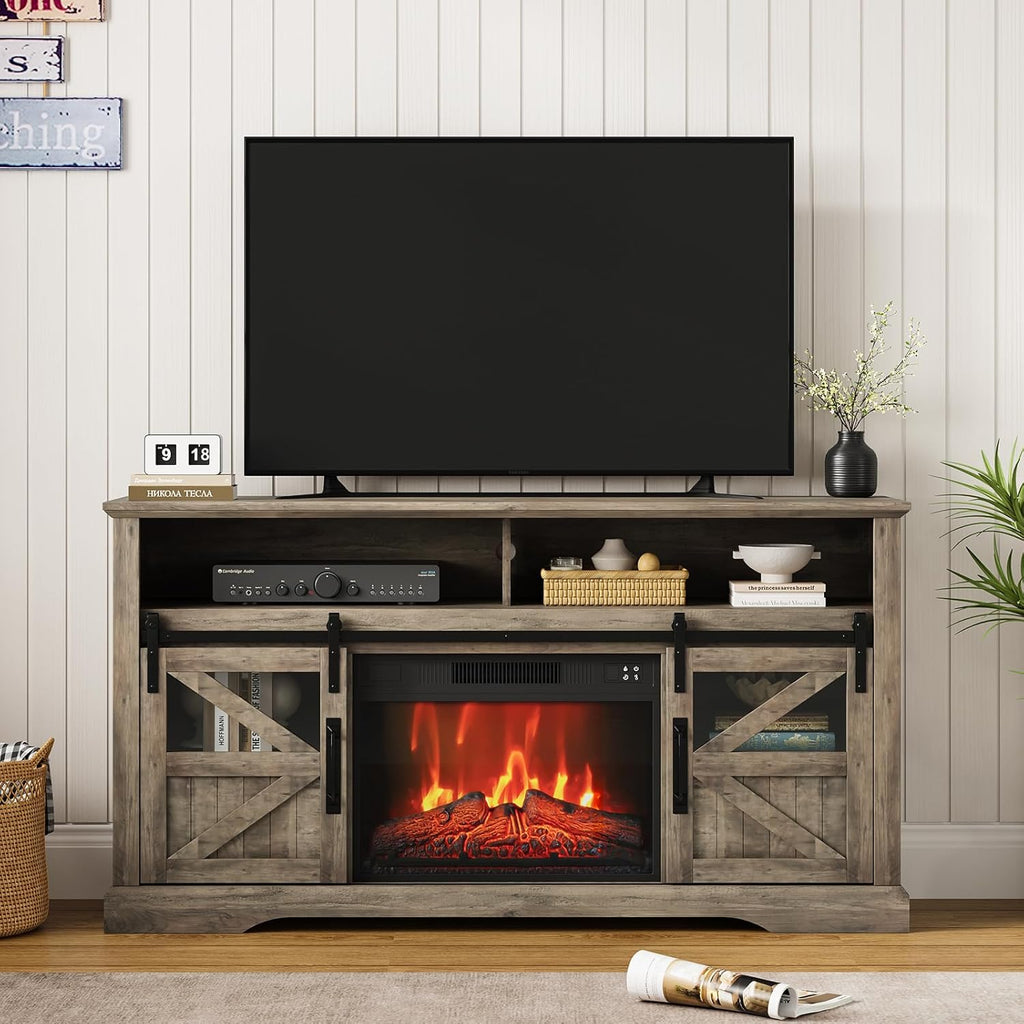 Farmhouse Fireplace TV Stand for TVs up to 65+ Inches, Entertainment Center with 23 Inch Electric Fireplace, Large Storage Console with Sliding Barn Door, Brown