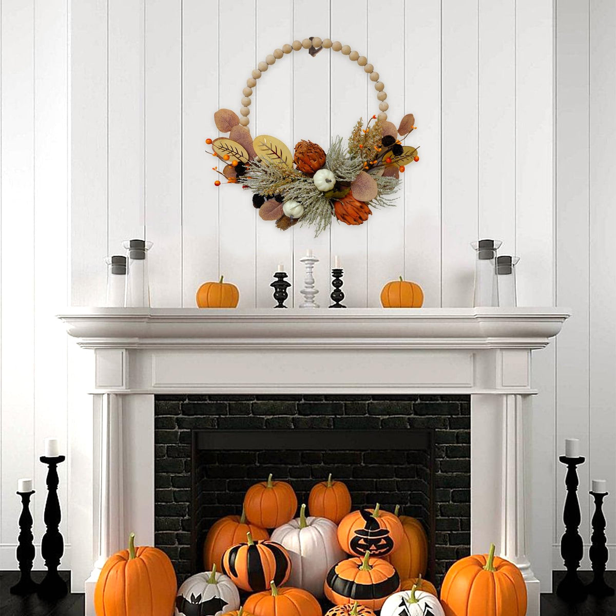 16" Artificial Fall Wooden Beads Wreath with Leaves, Chrysanthemums & Mini Pumpkins - Handcrafted Harvest Decor for