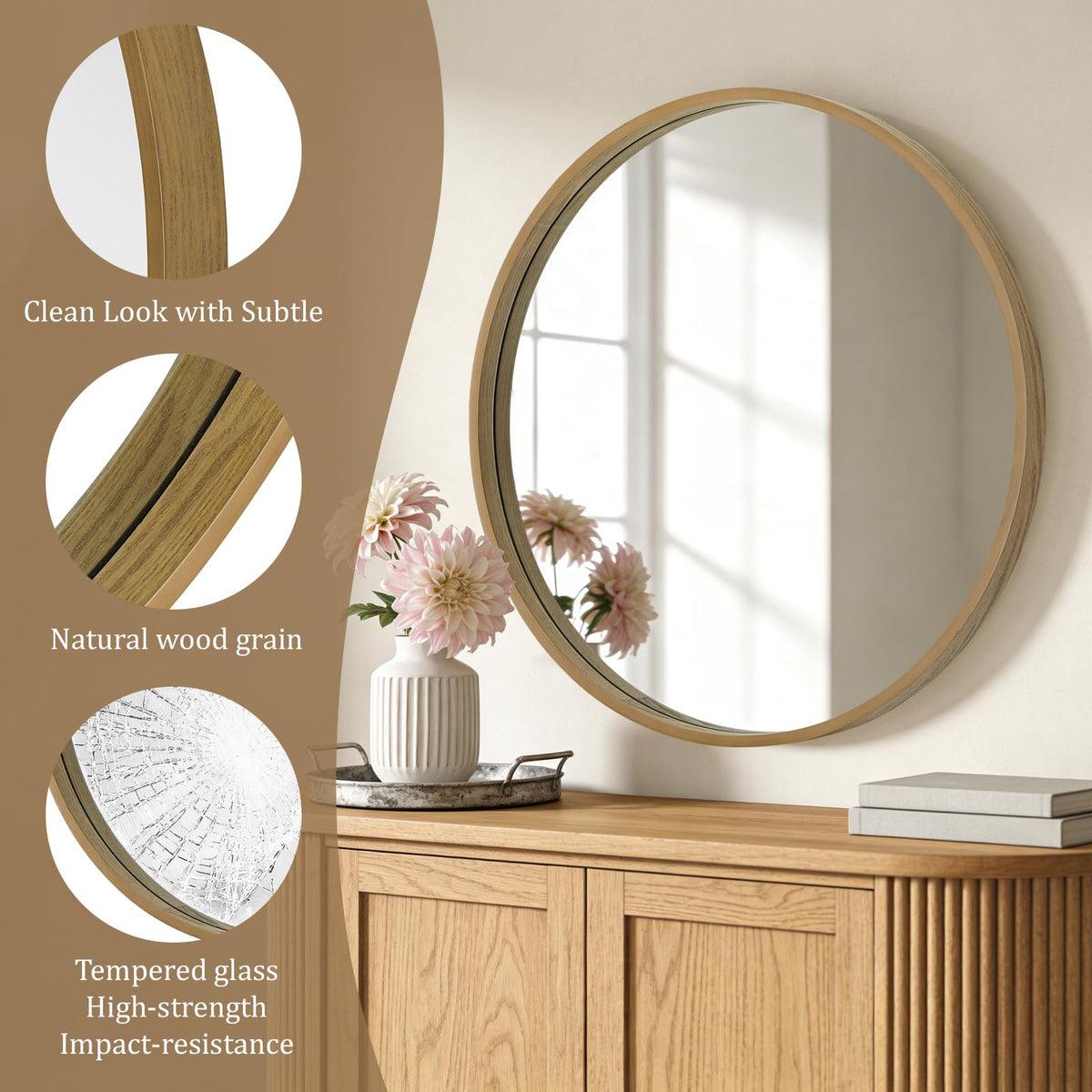 Round Wood Mirror, 36" Round Modern Decoration Large Circle Wall Mirror Living Room Bedroom Entryway, Natural