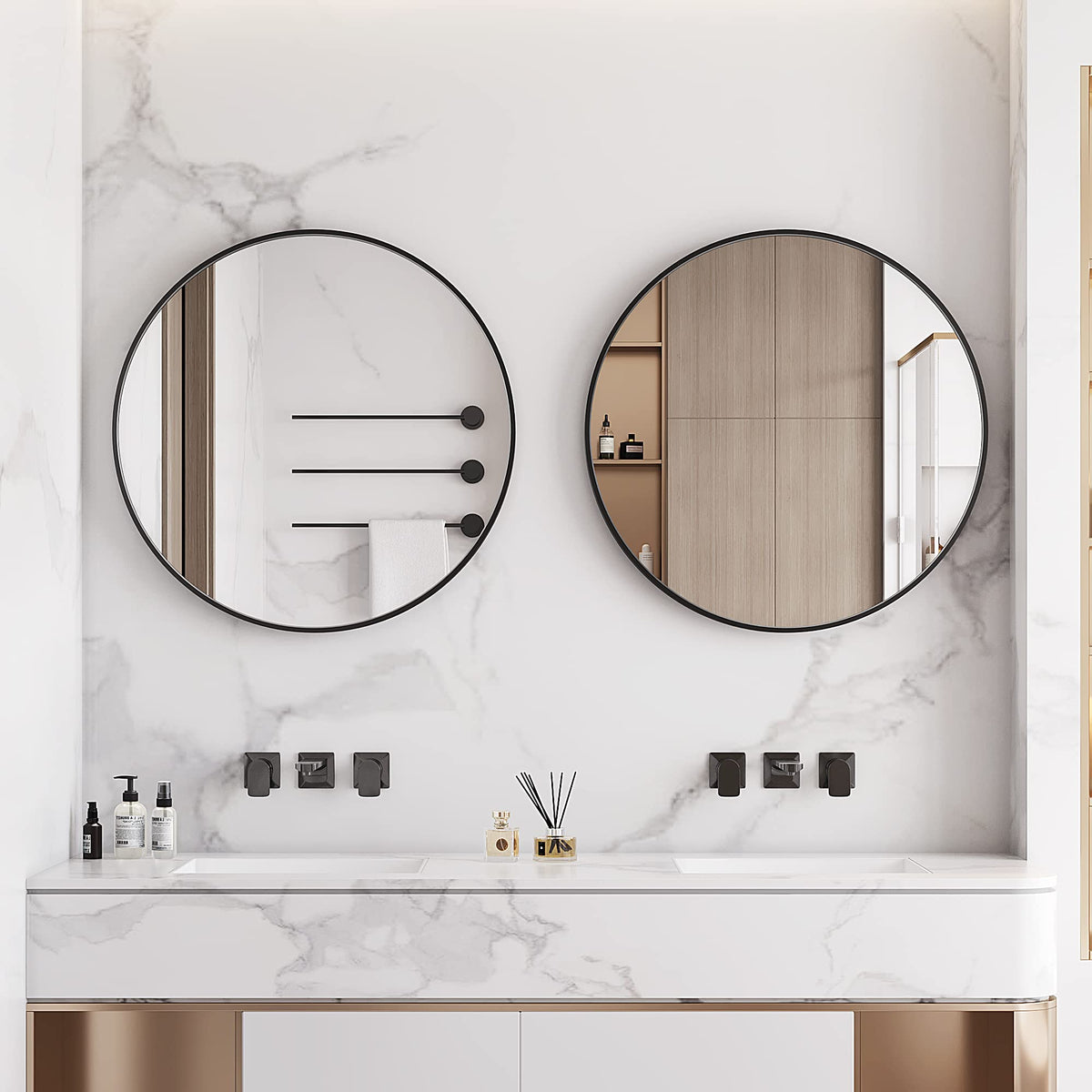 Round Metal Wall Mirror, 36 Inch, Black Frame Bathroom Mirror