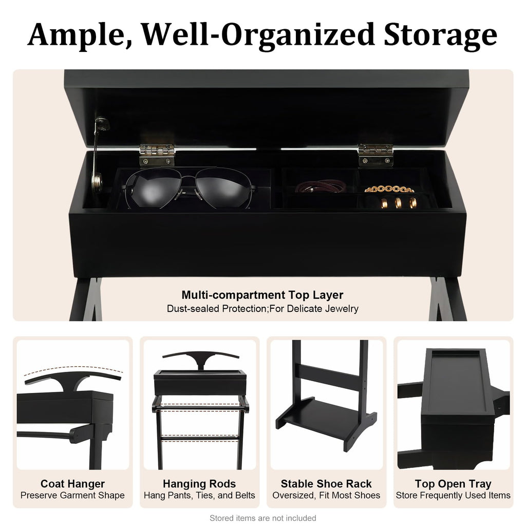 Suit Valet Stand for Men, Black Wooden Clothing Valet Stand with Hanger and Tray Bedroom Organizer for Coats Suits