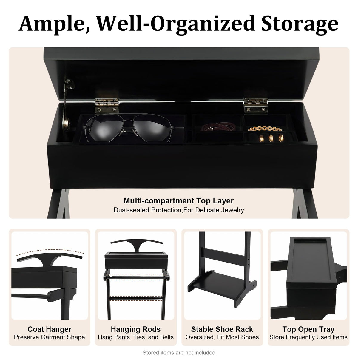 Suit Valet Stand for Men, Black Wooden Clothing Valet Stand with Hanger and Tray Bedroom Organizer for Coats Suits