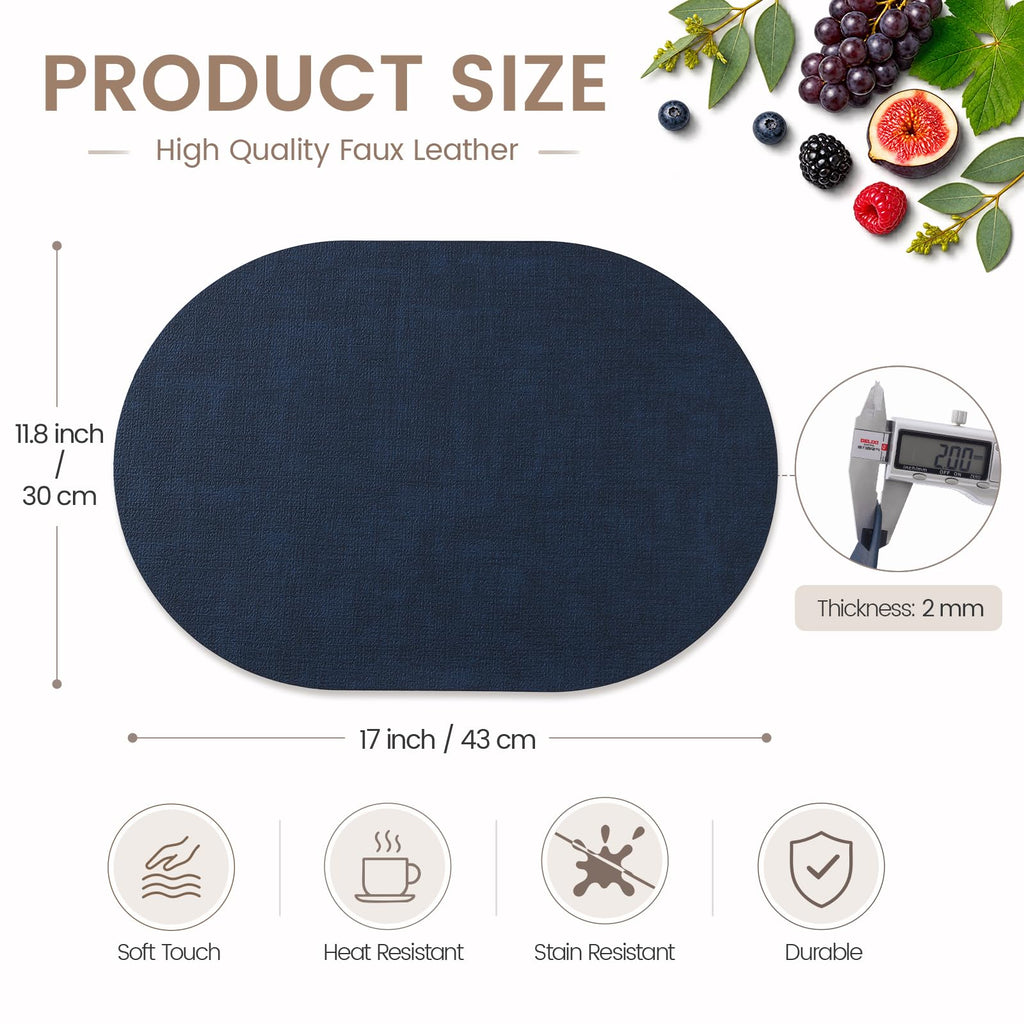 Oval Faux Leather Placemats Set of 4, Easy to Clean, Navy Blue