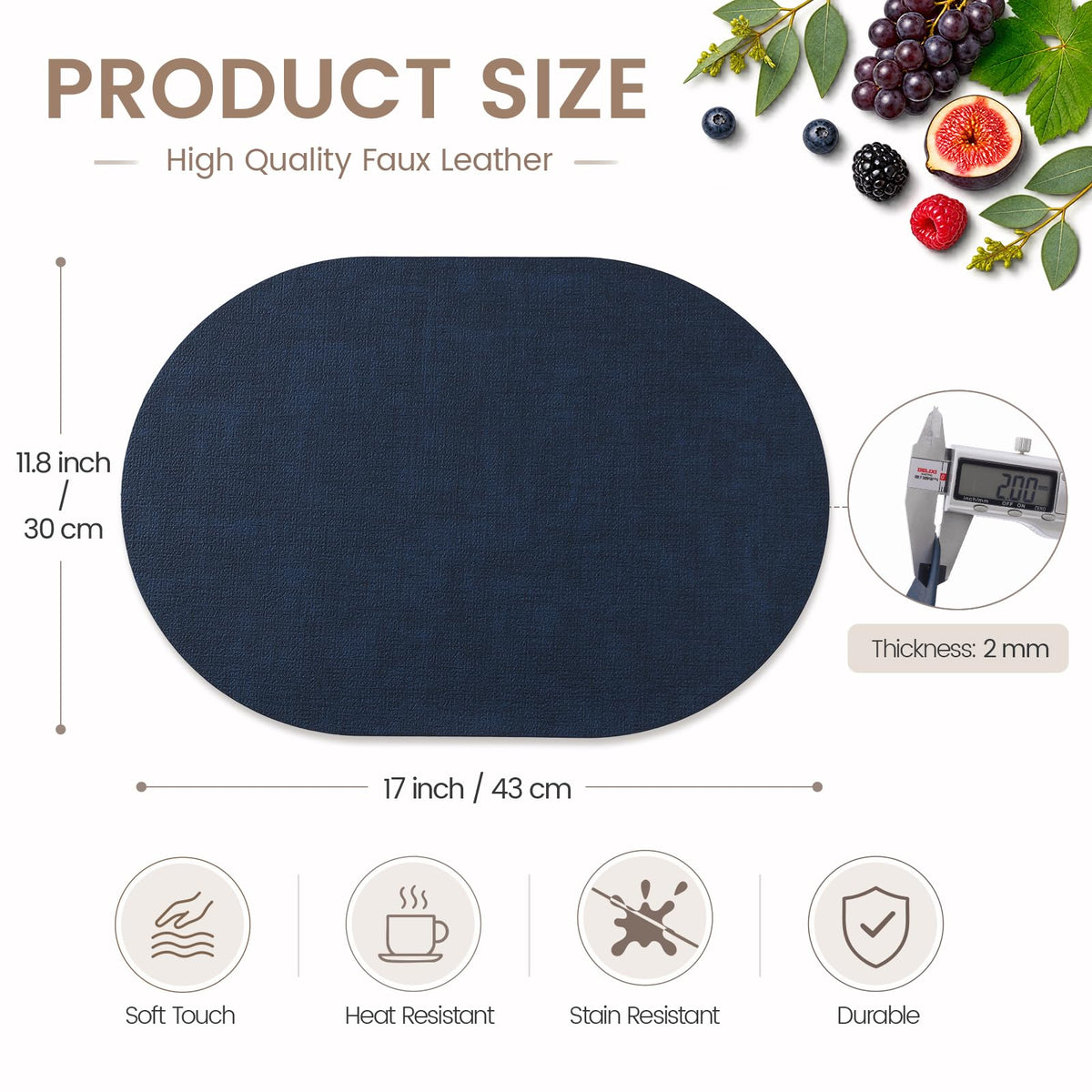 Oval Faux Leather Placemats Set of 4, Easy to Clean, Navy Blue