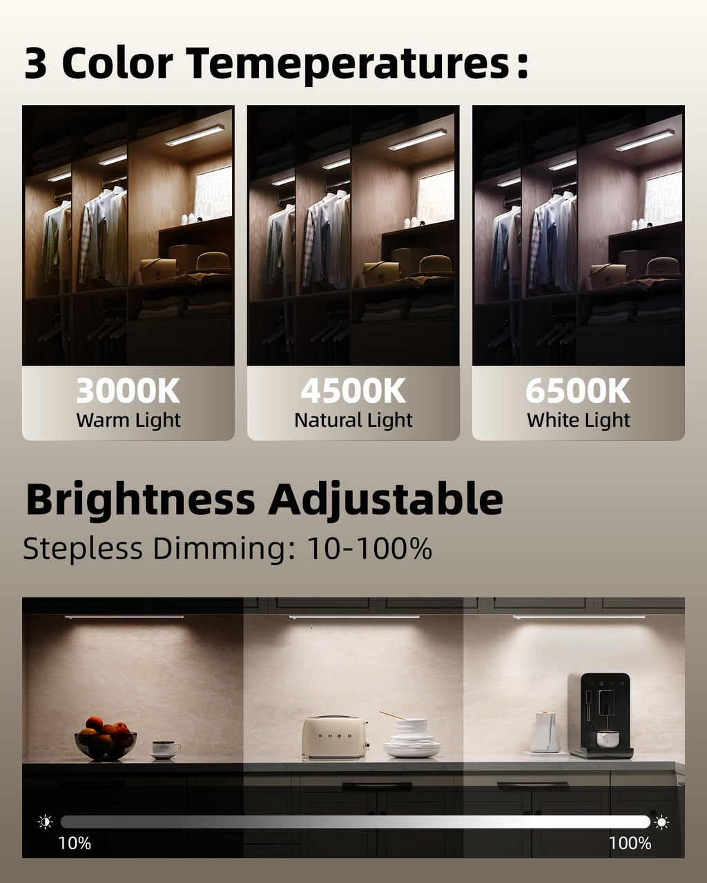 6Pack 16inch Under Cabinet Lighting, Rechargeable Motion Sensor Light Wireless Indoor, Dimmable 3 Color Temps Closet