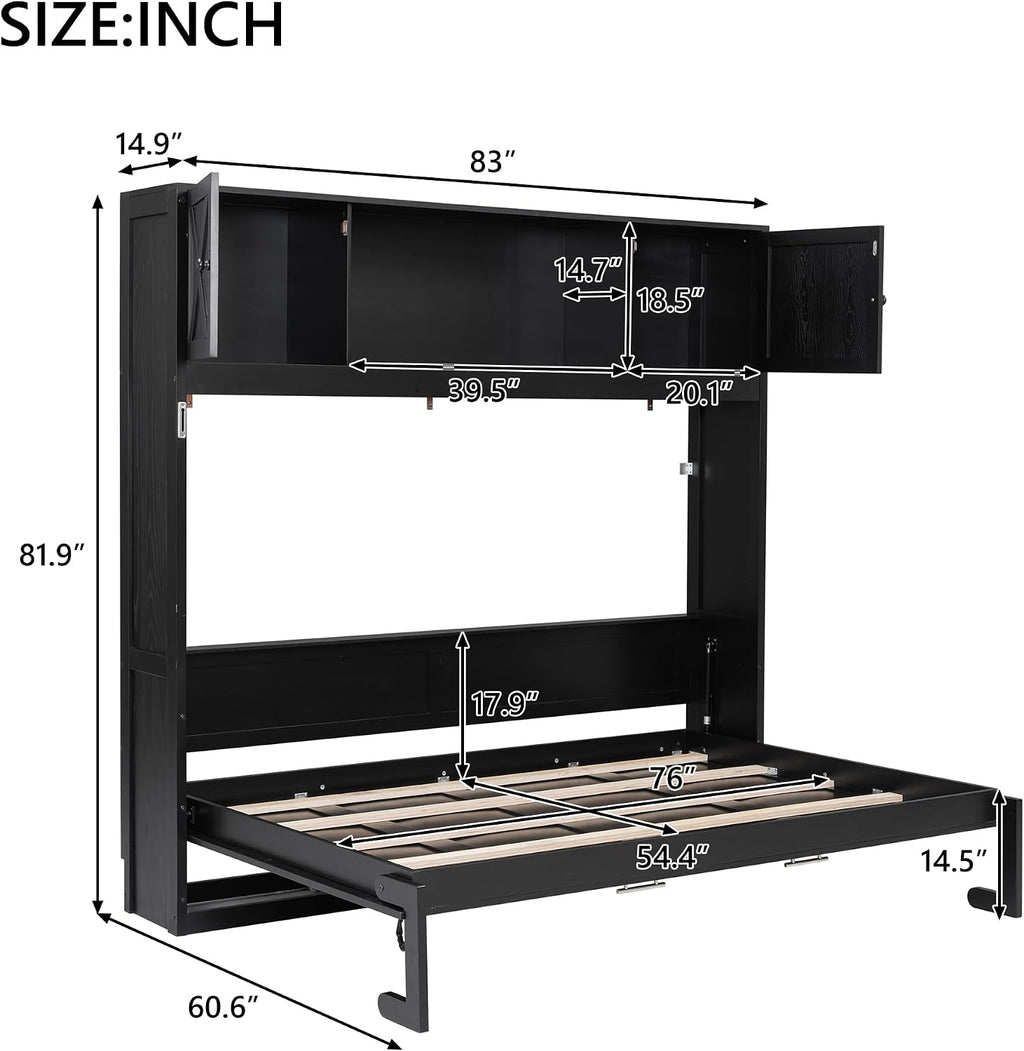 Full Horizontal Murphy Bed with Storage, Farmhouse Wooden Wall Bed with Cabinets and Bookcase, Space-Saving Foldable
