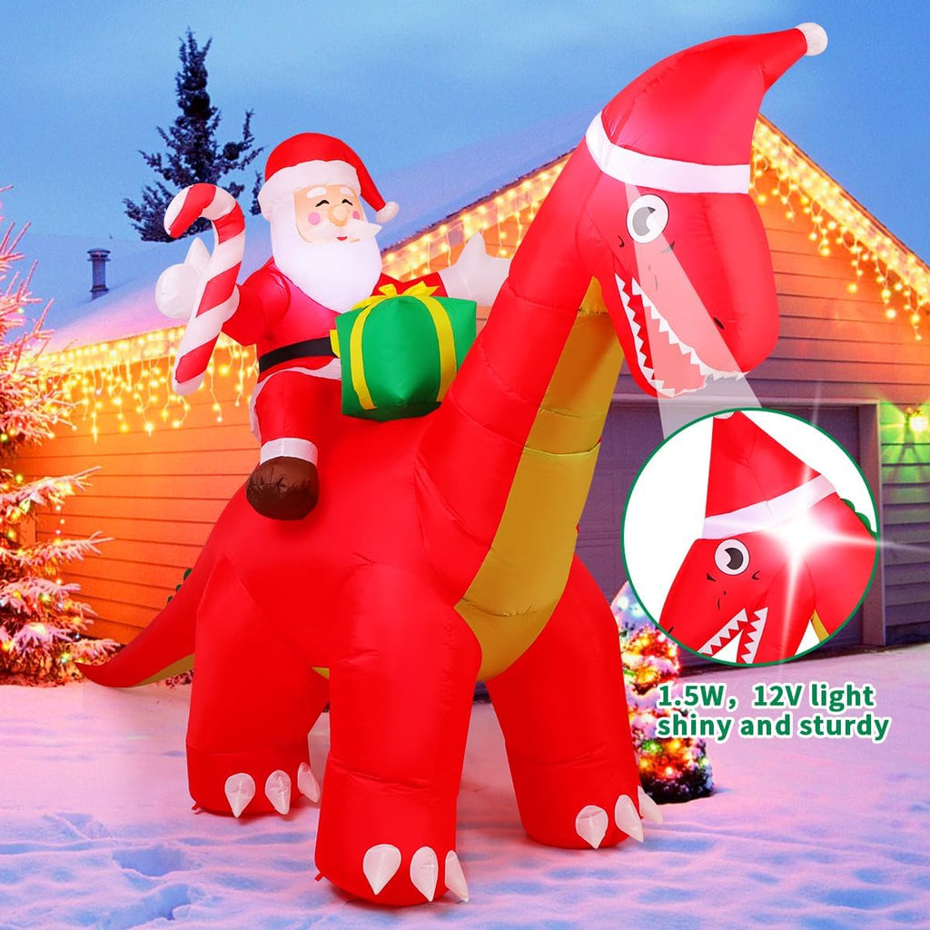 8FT Christmas Inflatables Outdoor Decorations Santa Riding Dinosaur,Blow Up Santa Inflatable with Built-in LED Lights