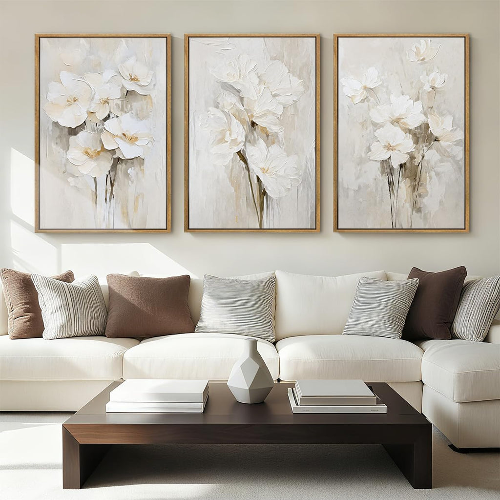Extra Large Beige Floral Framed Wall Art 24x36 Inch Neutral White Flower Canvas Wall Art Farmhouse Wildflower