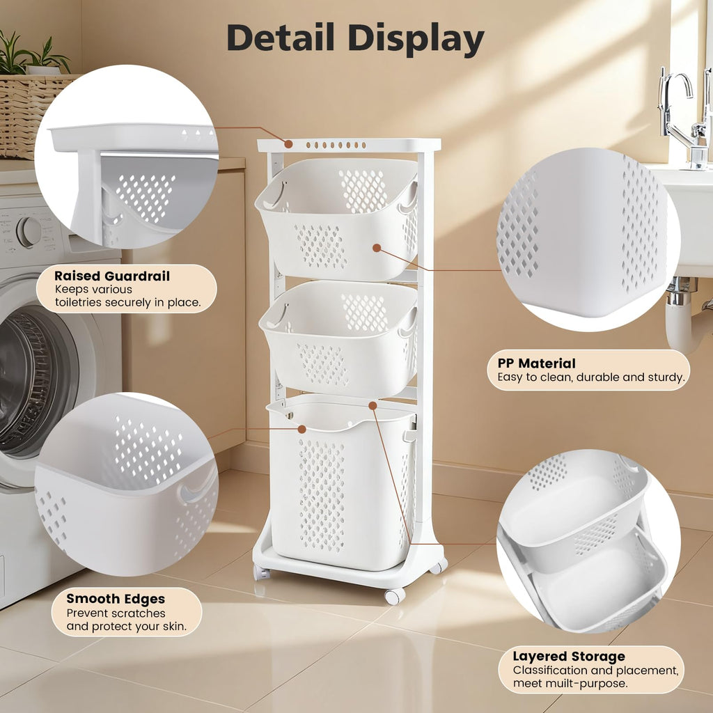 Rolling Laundry Hamper Cart with Wheels, 3 Tier Laundry Baskets