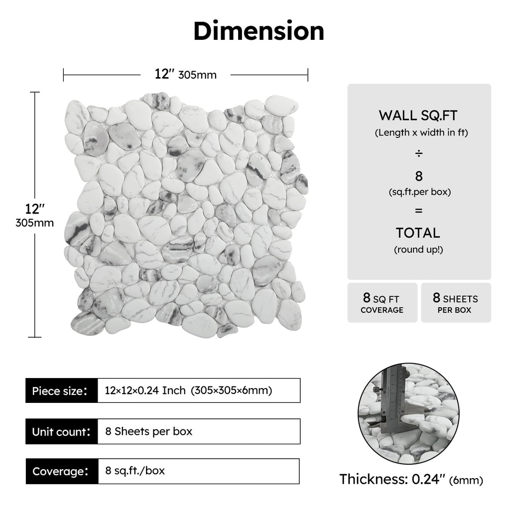 For Shower Floor, White Marble Veins Oval, 8 Sheets