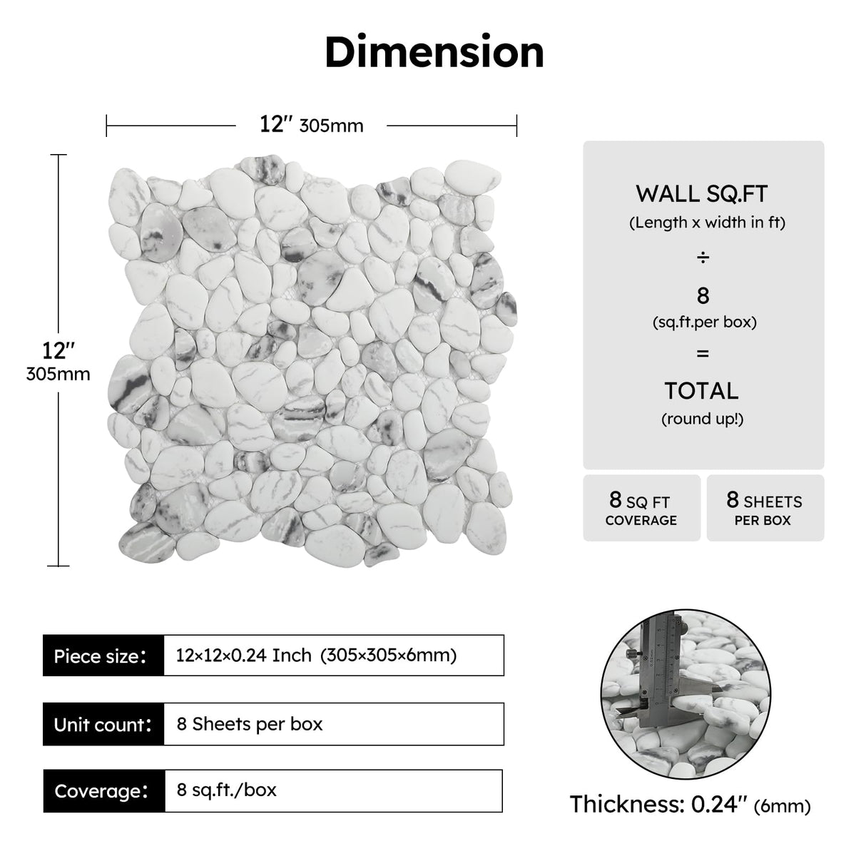 For Shower Floor, White Marble Veins Oval, 8 Sheets