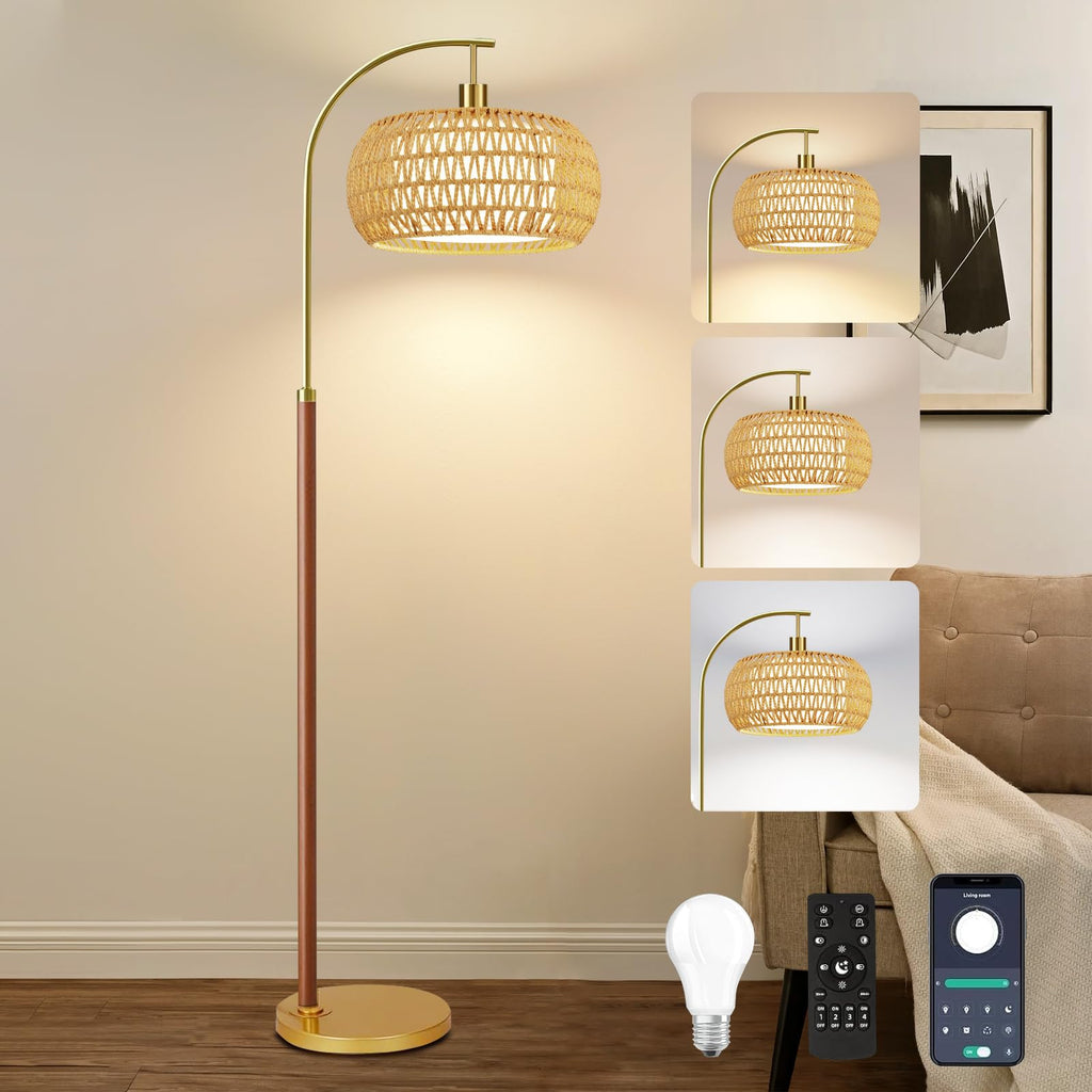 Wood Arc Floor Lamps, Boho Rattan Floor Lamp with Remote Control & 3 Color Temperatures, Dimmable Mid Century Modern