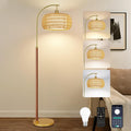 Wood Arc Floor Lamps, Boho Rattan Floor Lamp with Remote Control & 3 Color Temperatures, Dimmable Mid Century Modern