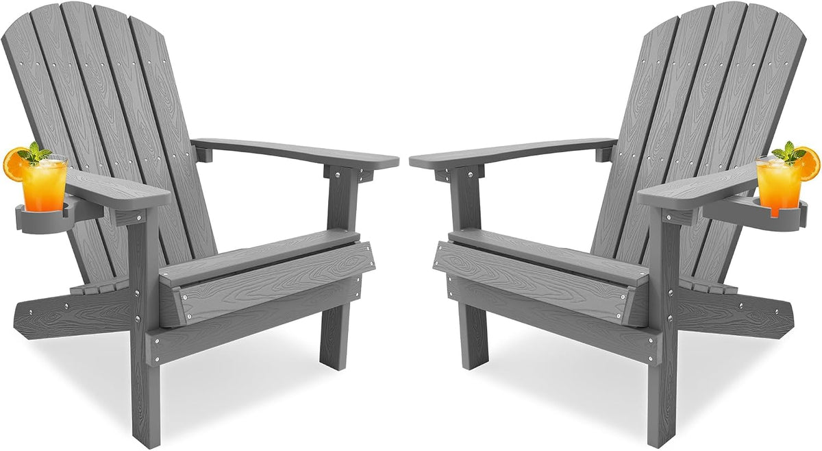 Adirondack Chairs Set of 2 with Cup Holder, Weather Resistant, Grey | HIPS Plastic Outdoor Fire Pit Chairs with Wood