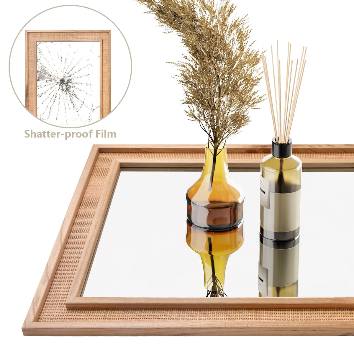20"x55" Rattan Wall Mirror, Nature Long Rattan Full Length Mirror, Wicker Full Body Mirror, Rustic Rectangle Wood