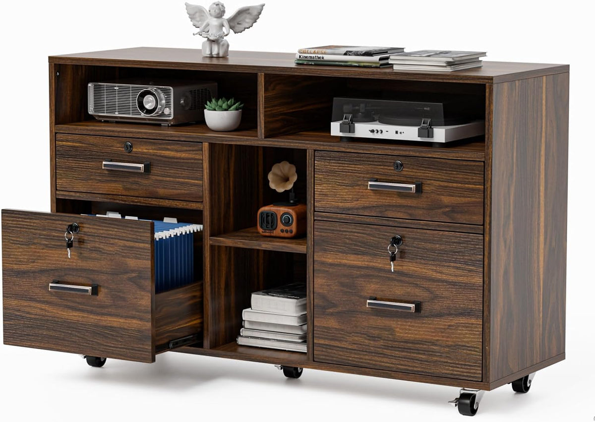Dark Brown Wood Lateral File Cabinet with Lock, 4 Drawer & 4 Open Shelves, Rolling File Cabinet , Letter Sized